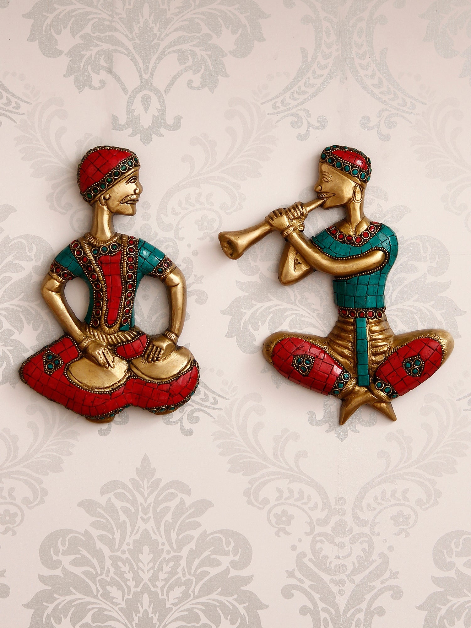 Gold, Red and Green Brass Set of 2 musician wall art/Hanging Kafalo
