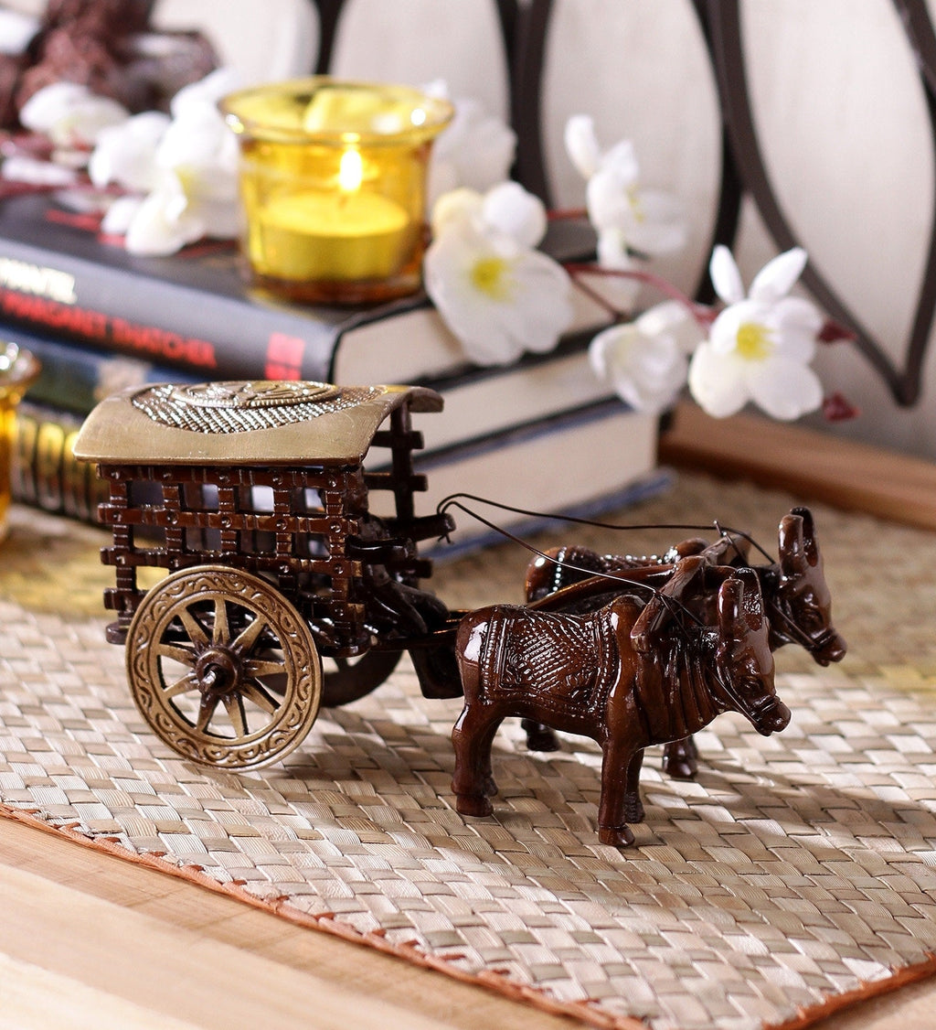 Brown Brass Antique Decorative Village Two Bulls Bullock Cart showpiece Kafalo