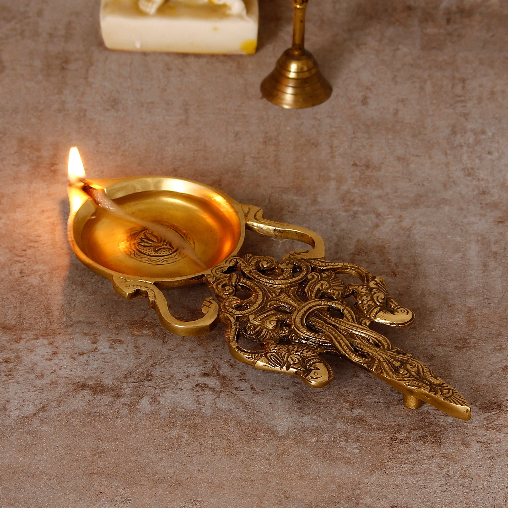 Golden Ethnic Carved 11 Inch Brass Diya for Pooja Room and Temple/Mandir Kafalo
