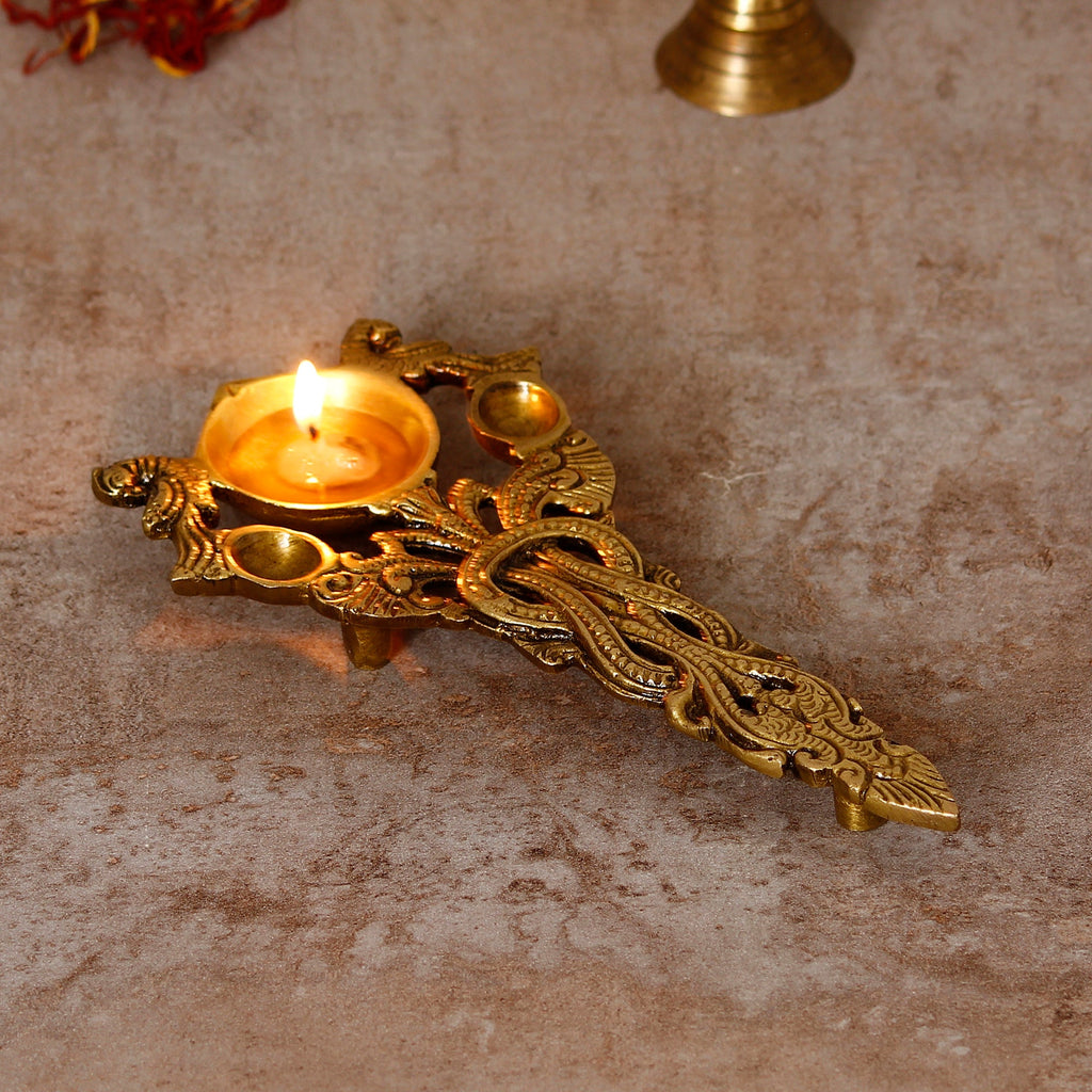 Golden Ethnic Carved Brass Diya With Handle For Pooja Room And Temples Kafalo