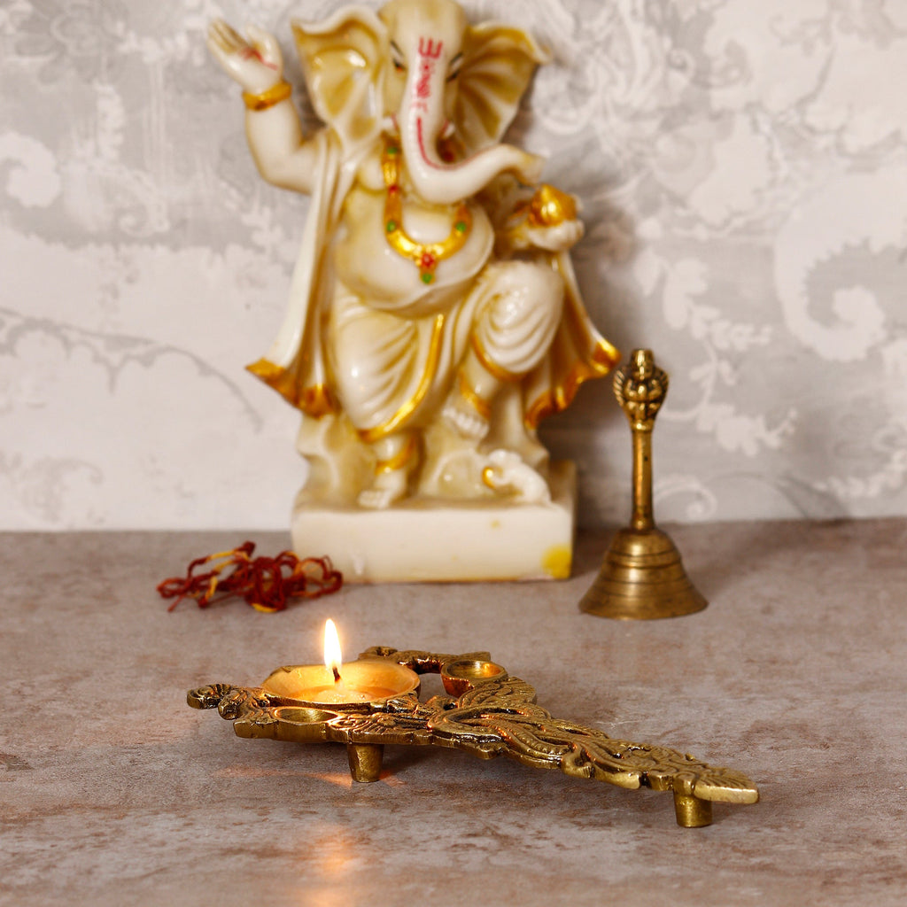 Golden Ethnic Carved Brass Diya With Handle For Pooja Room And Temples Kafalo