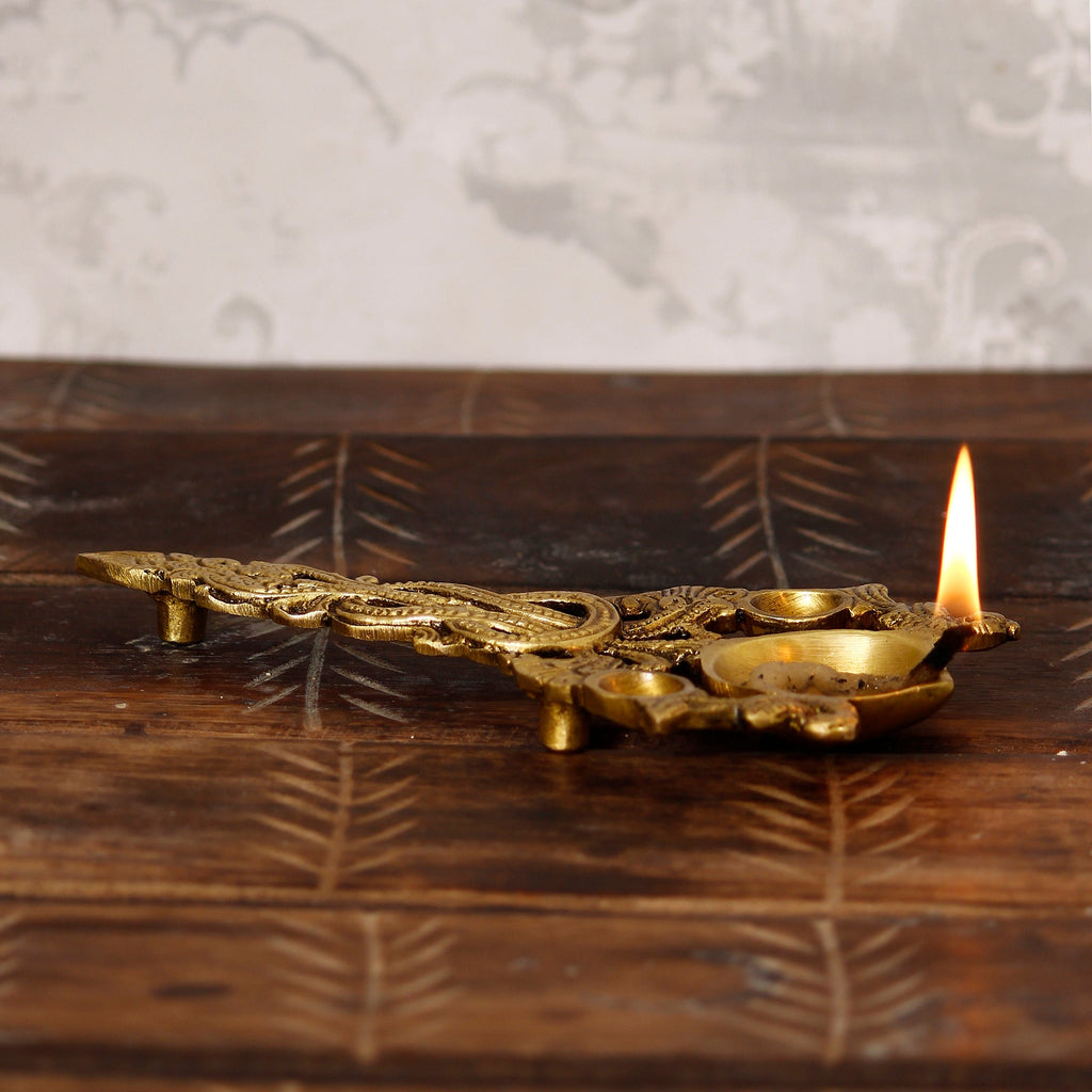 Golden Ethnic Carved Brass Diya With Handle For Pooja Room And Temples Kafalo
