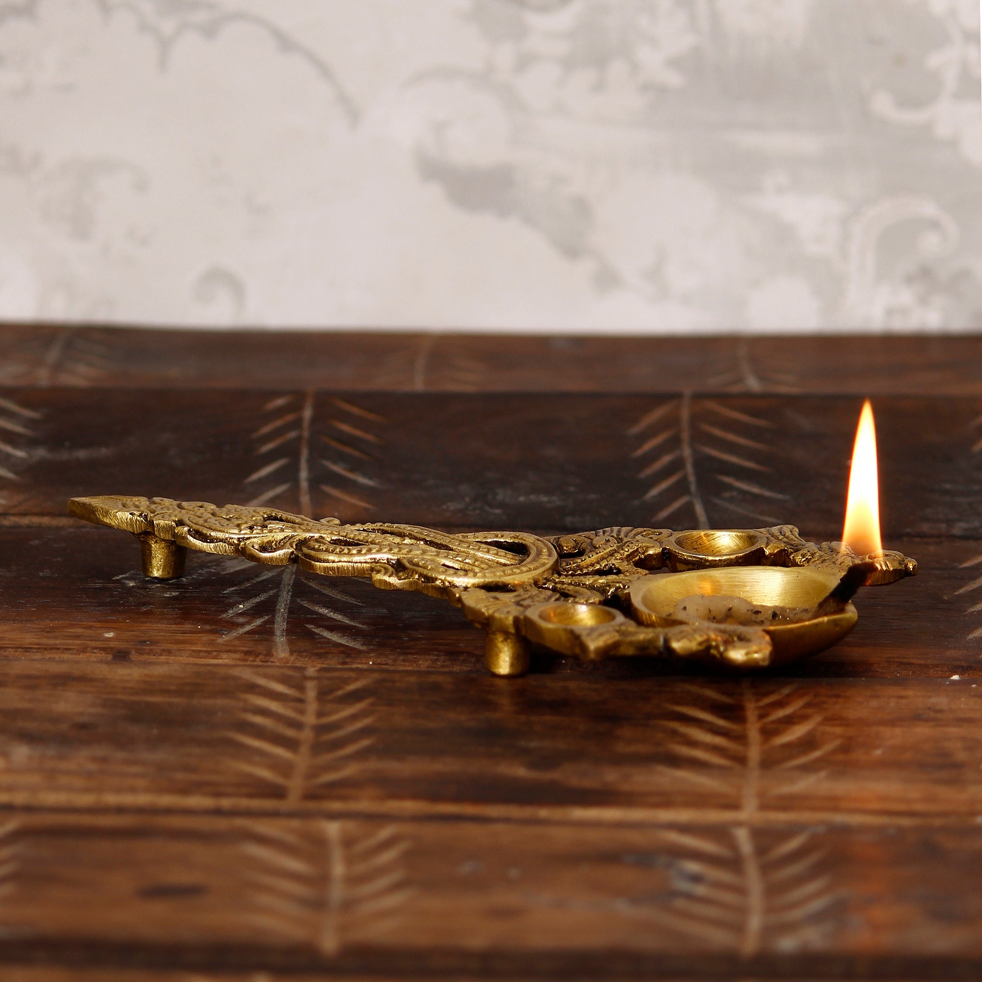 Golden Ethnic Carved Brass Diya With Handle For Pooja Room And Temples Kafalo
