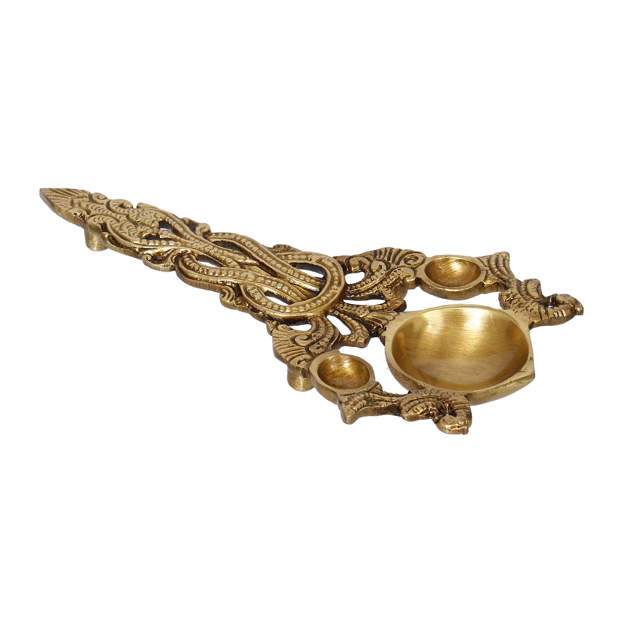 Golden Ethnic Carved Brass Diya With Handle For Pooja Room And Temples Kafalo