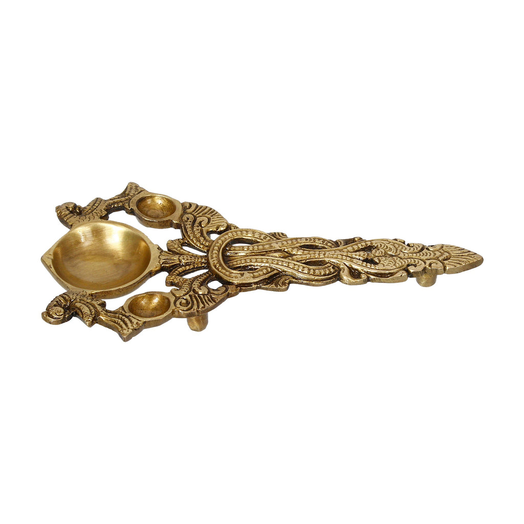 Golden Ethnic Carved Brass Diya With Handle For Pooja Room And Temples Kafalo