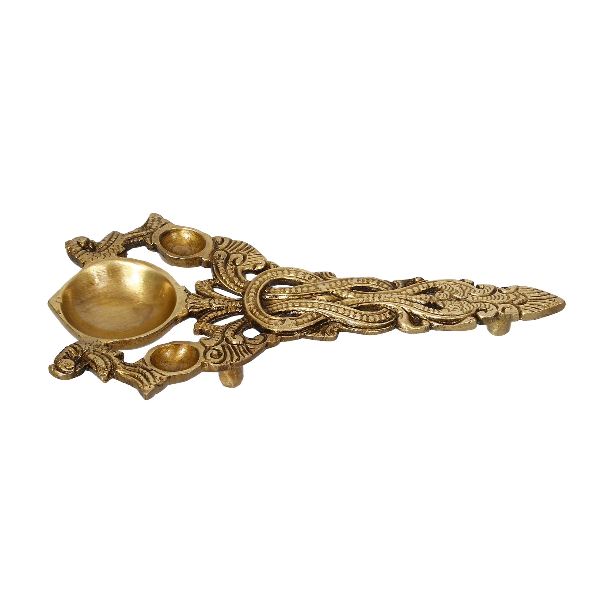 Golden Ethnic Carved Brass Diya With Handle For Pooja Room And Temples Kafalo