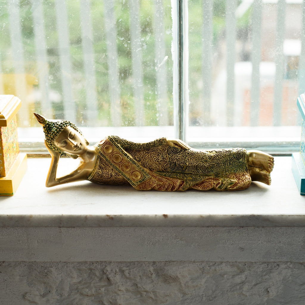 Golden Brass Decorative Reclining Buddha Statue Kafalo