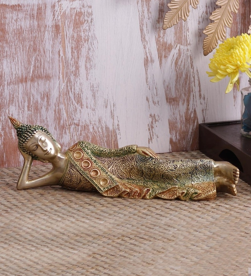 Golden Brass Decorative Reclining Buddha Statue Kafalo