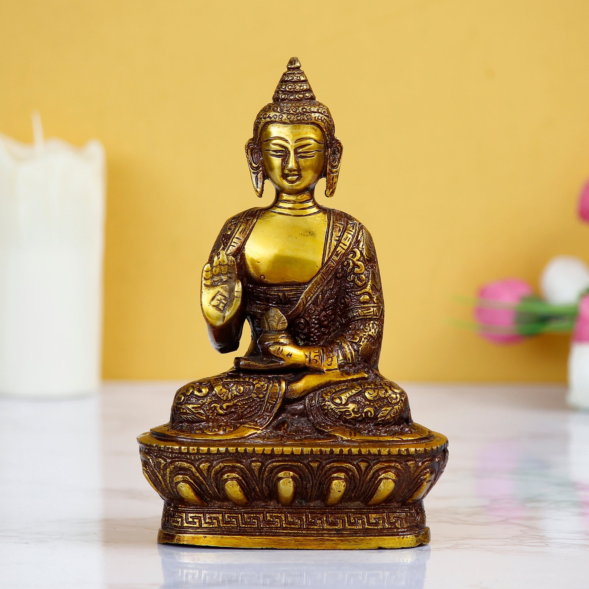 Golden and Brown Brass Meditating Blessing Buddha Statue Kafalo