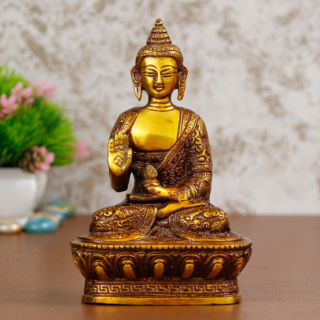 Golden and Brown Brass Meditating Blessing Buddha Statue Kafalo