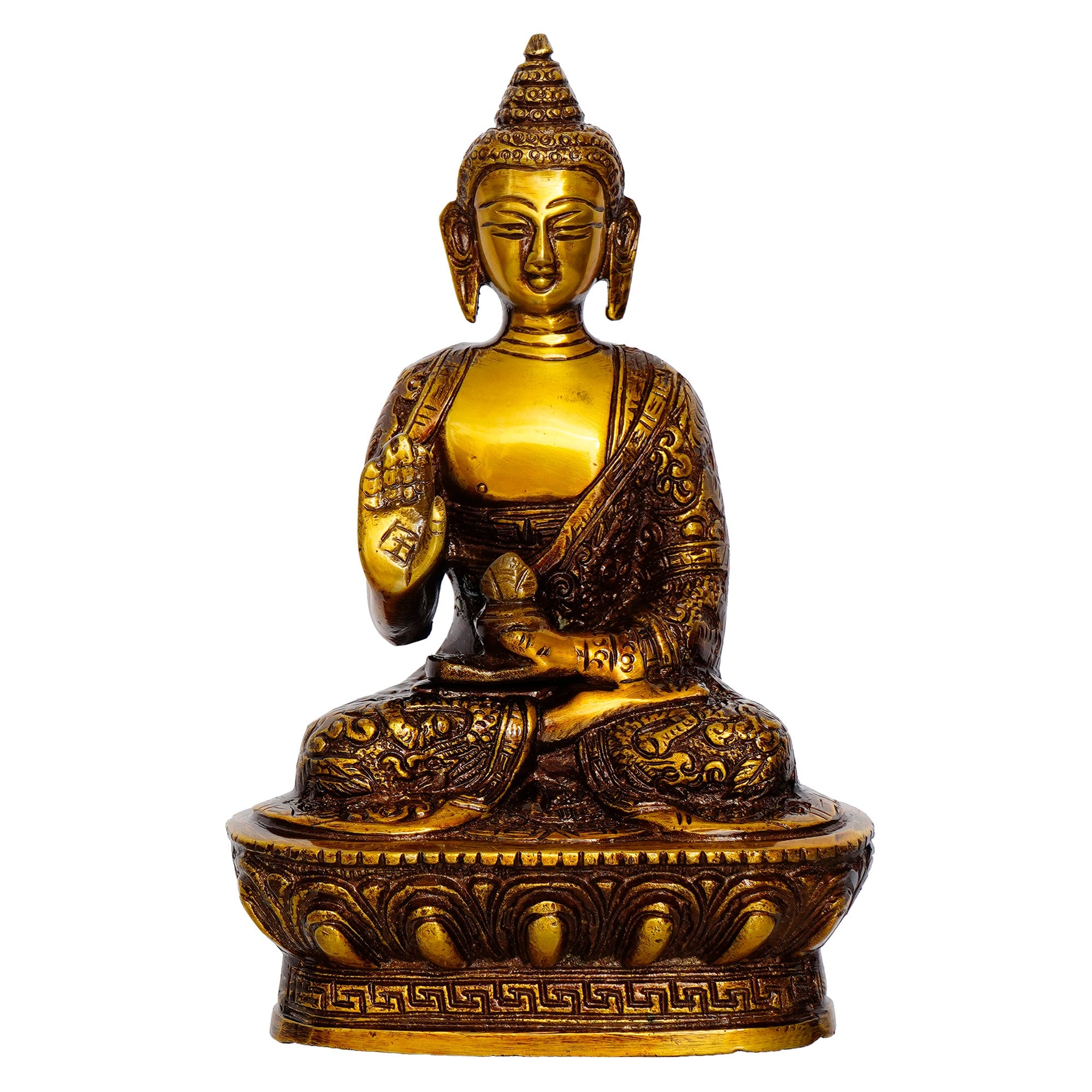Golden and Brown Brass Meditating Blessing Buddha Statue Kafalo
