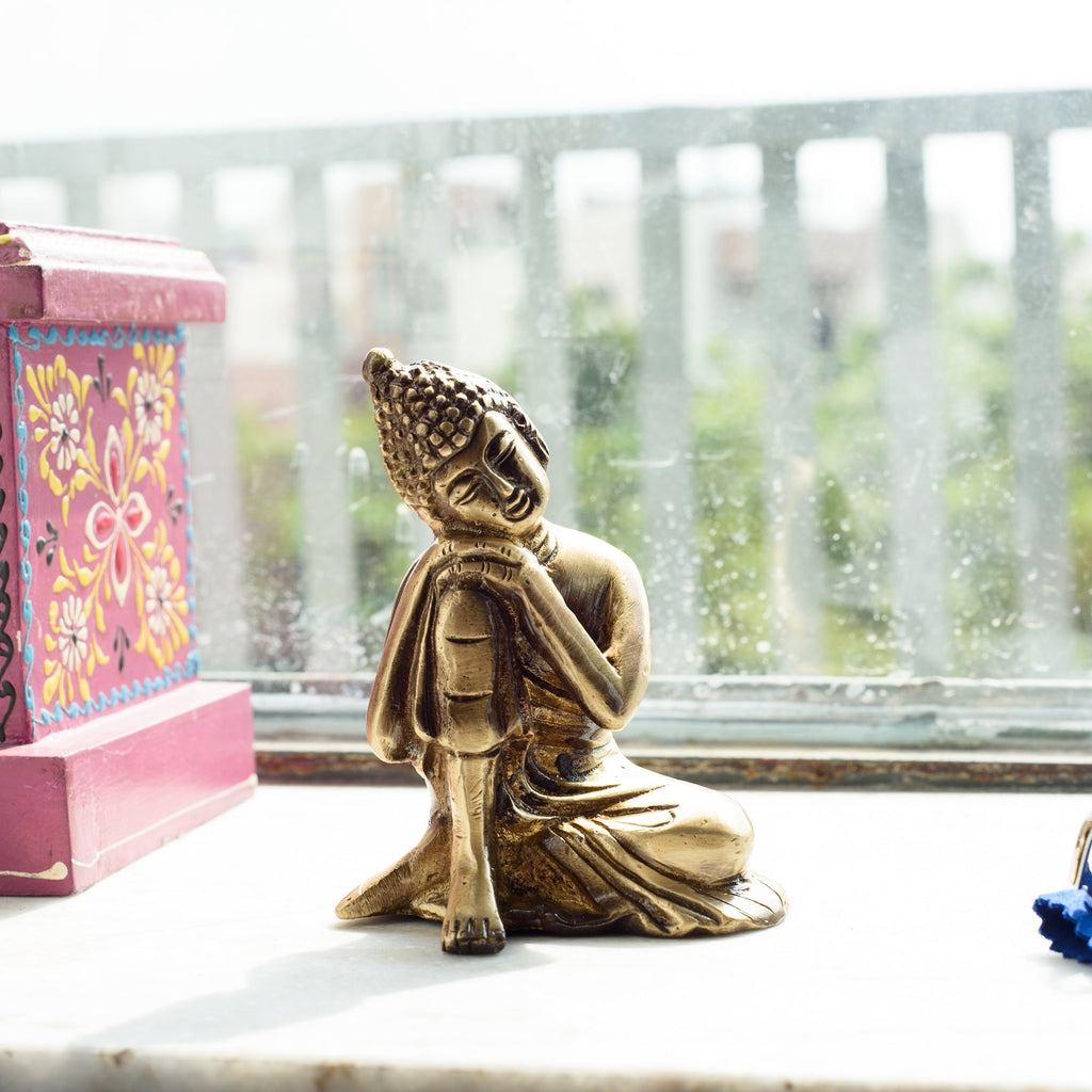 Golden Brass Buddha Resting On Knee Statue Kafalo