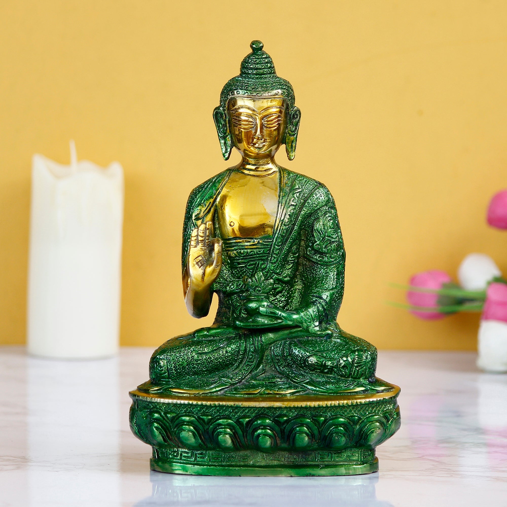 Green and Golden Brass Meditating Blessing big buddha statue Kafalo