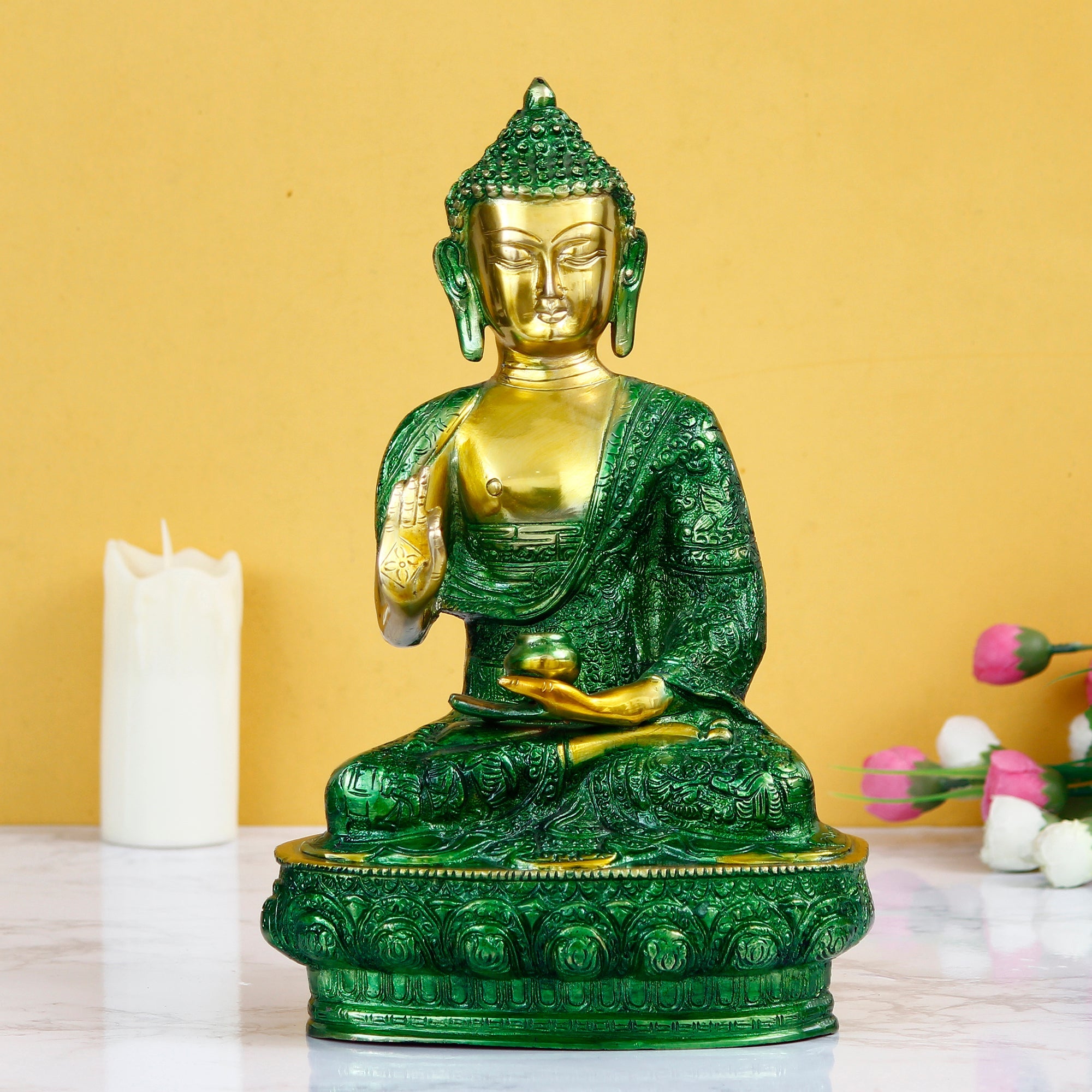 Green and Golden Brass Meditating Blessing big buddha Idol Kafalo