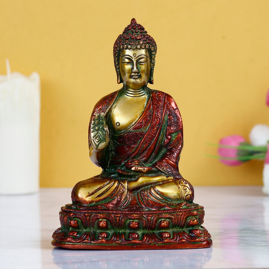 Golden and Red Brass Meditating Blessing Buddha Statue Kafalo