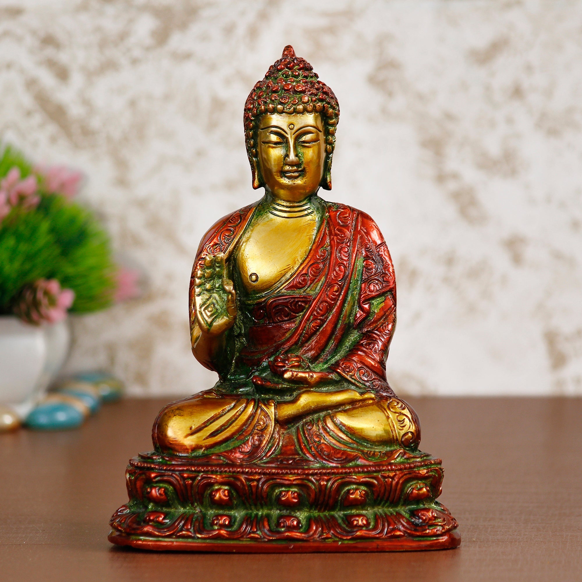 Golden and Red Brass Meditating Blessing Buddha Statue Kafalo