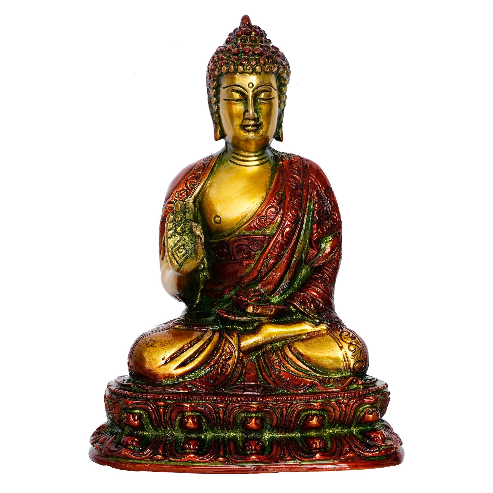 Golden and Red Brass Meditating Blessing Buddha Statue Kafalo