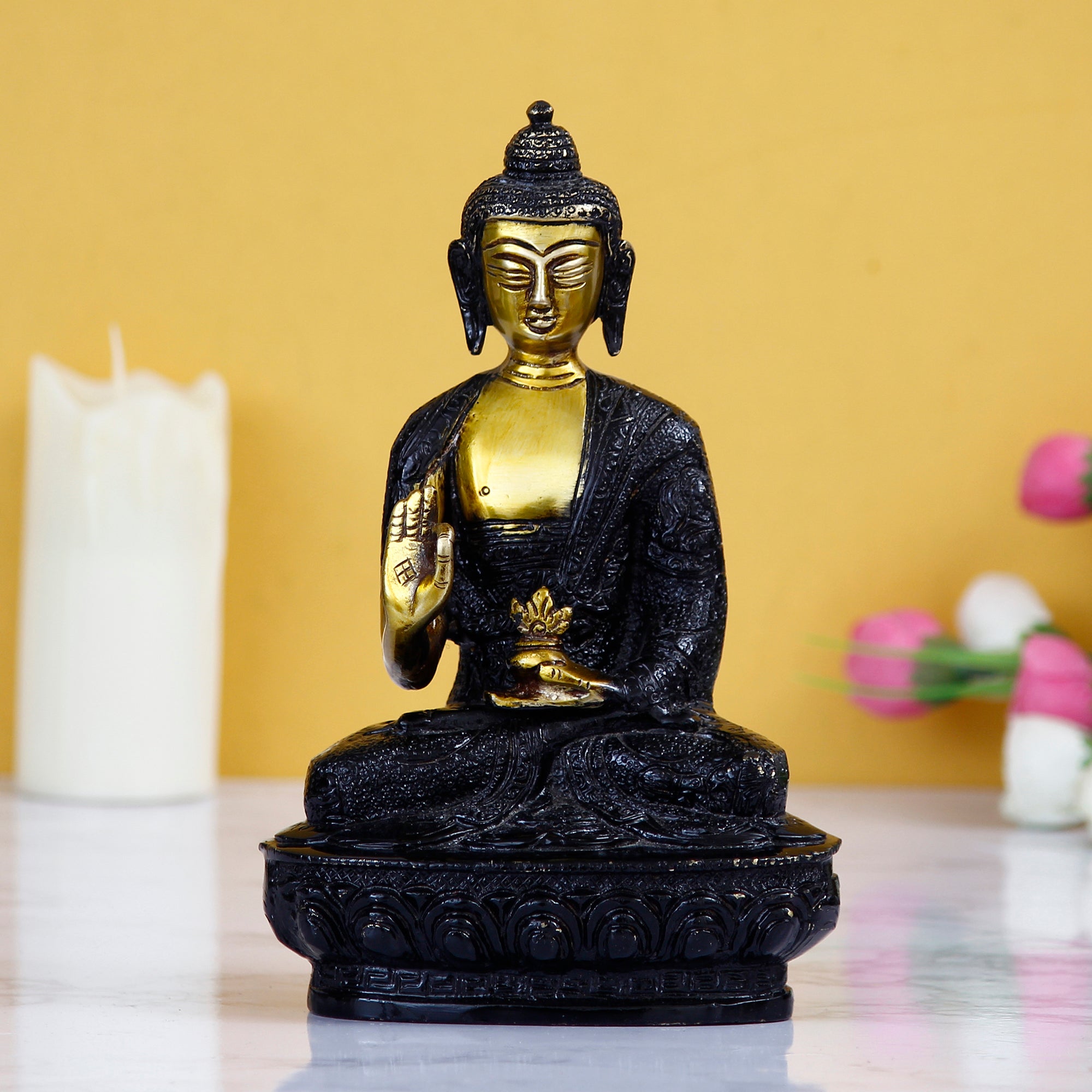 Golden and Black Brass Meditating Blessing Buddha Statue Kafalo