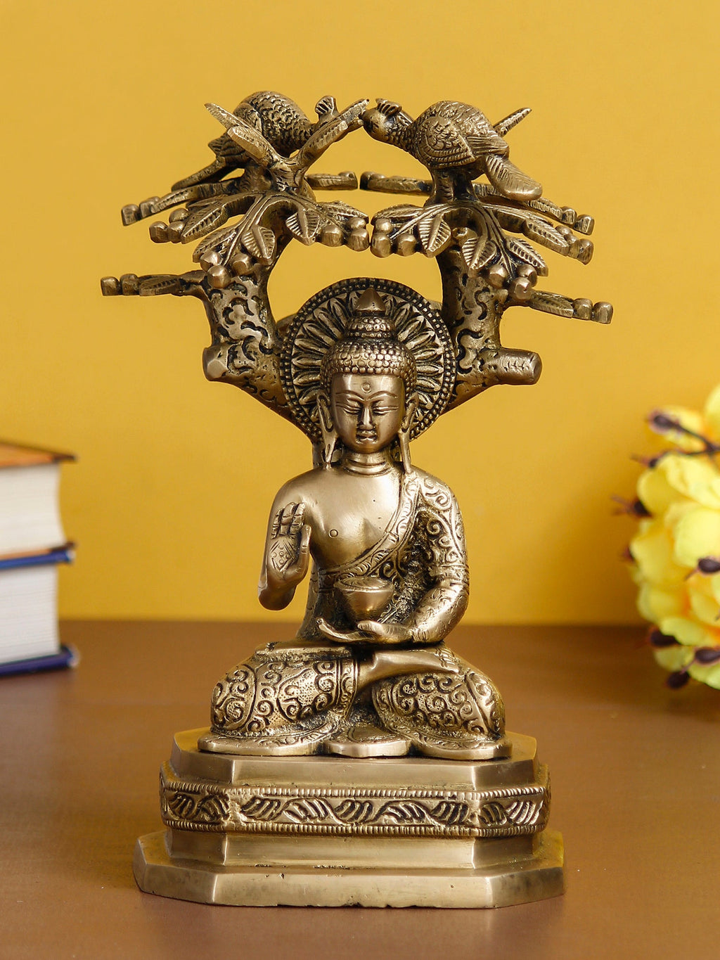 Golden Brass Ethnic Carved Blessing Lord Buddha Meditating Under Tree Showpiece Kafalo