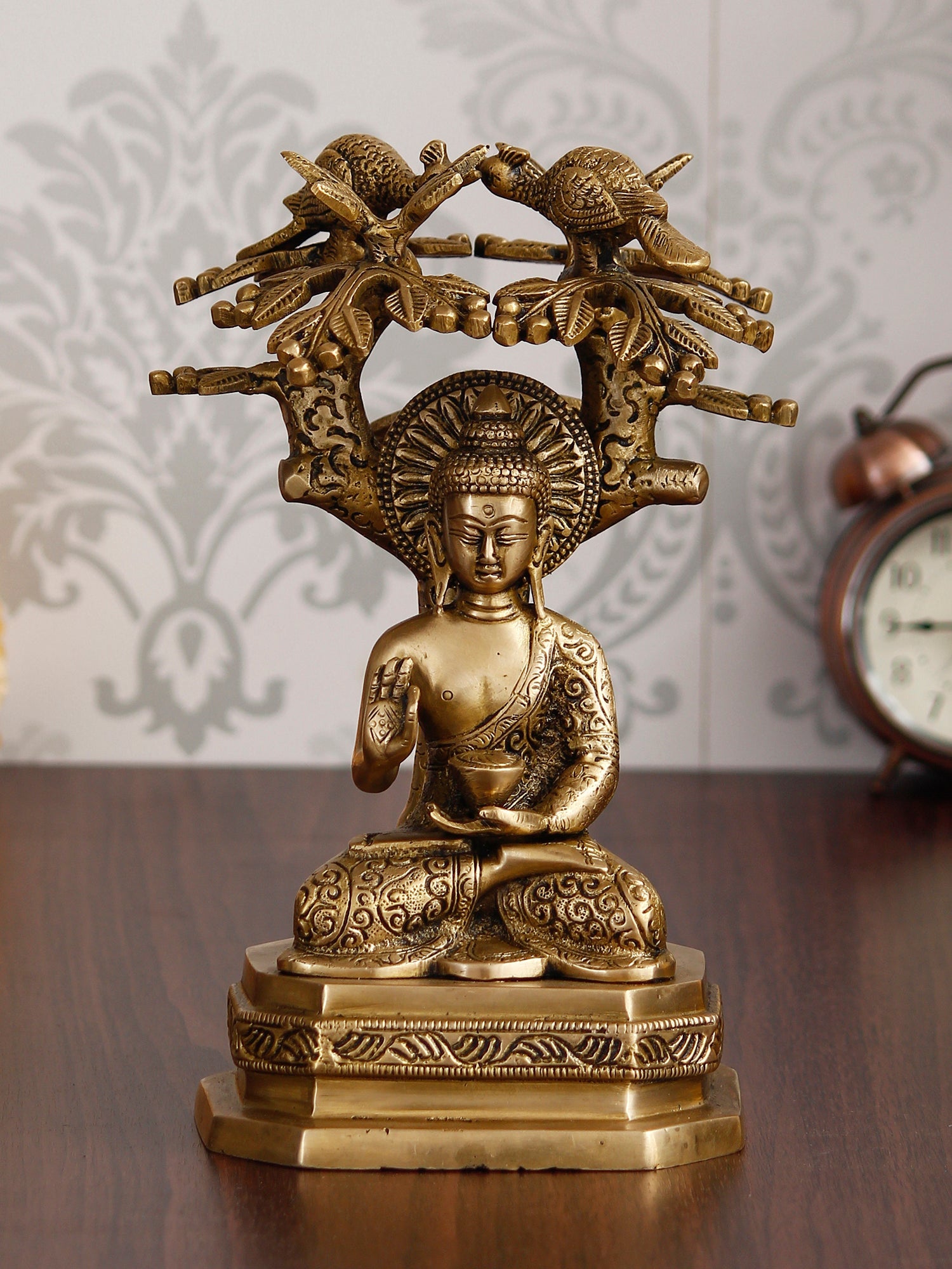 Golden Brass Ethnic Carved Blessing Lord Buddha Meditating Under Tree Showpiece Kafalo