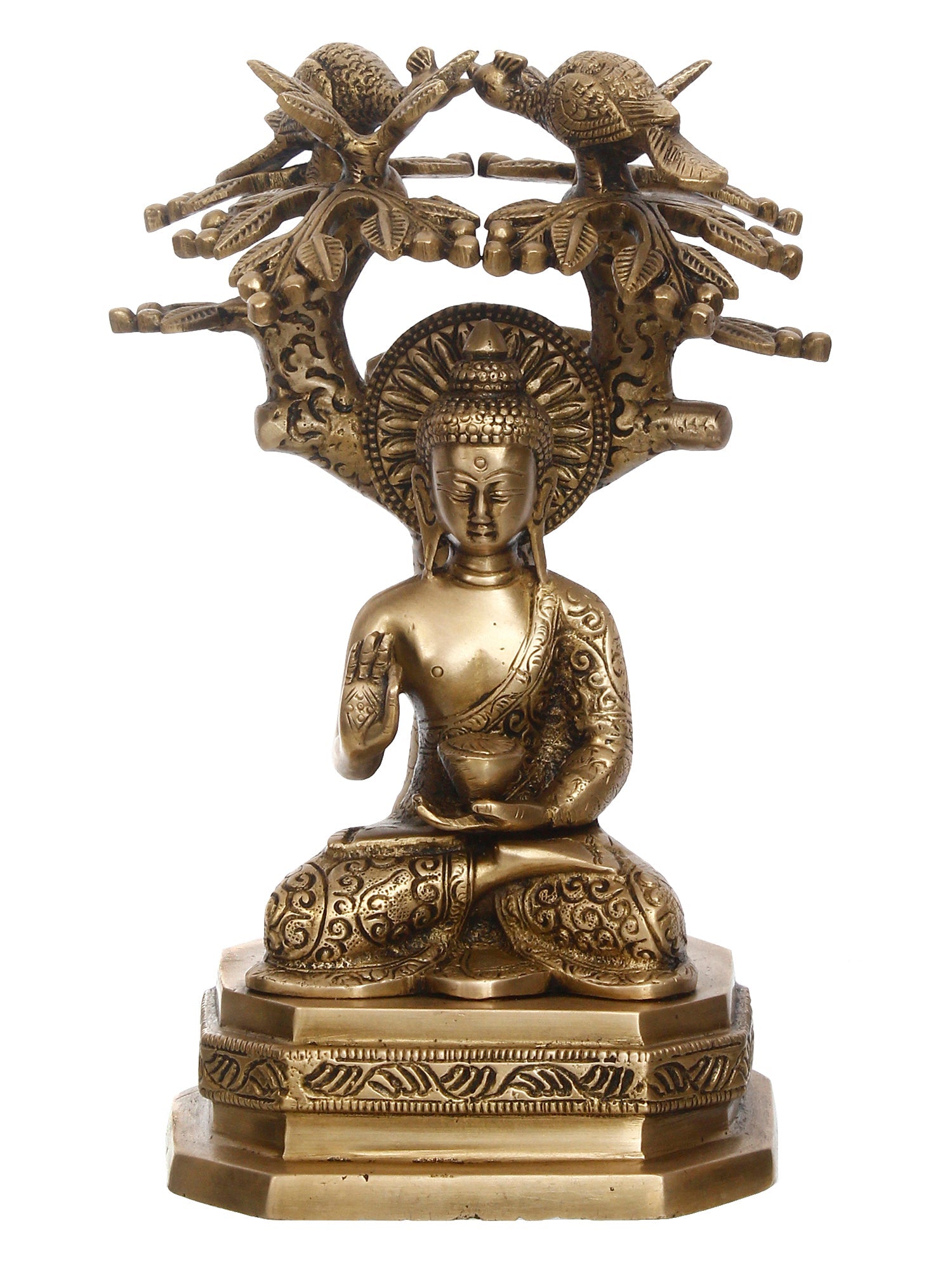 Golden Brass Ethnic Carved Blessing Lord Buddha Meditating Under Tree Showpiece Kafalo