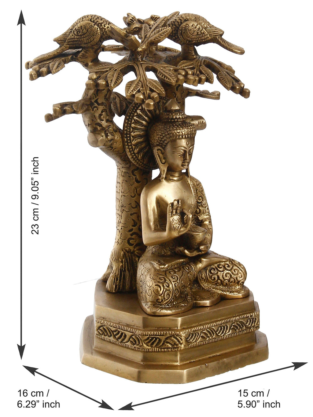 Golden Brass Ethnic Carved Blessing Lord Buddha Meditating Under Tree Showpiece Kafalo
