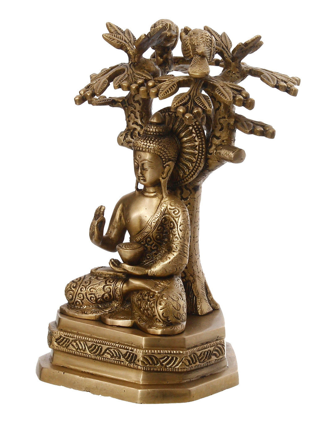 Golden Brass Ethnic Carved Blessing Lord Buddha Meditating Under Tree Showpiece Kafalo