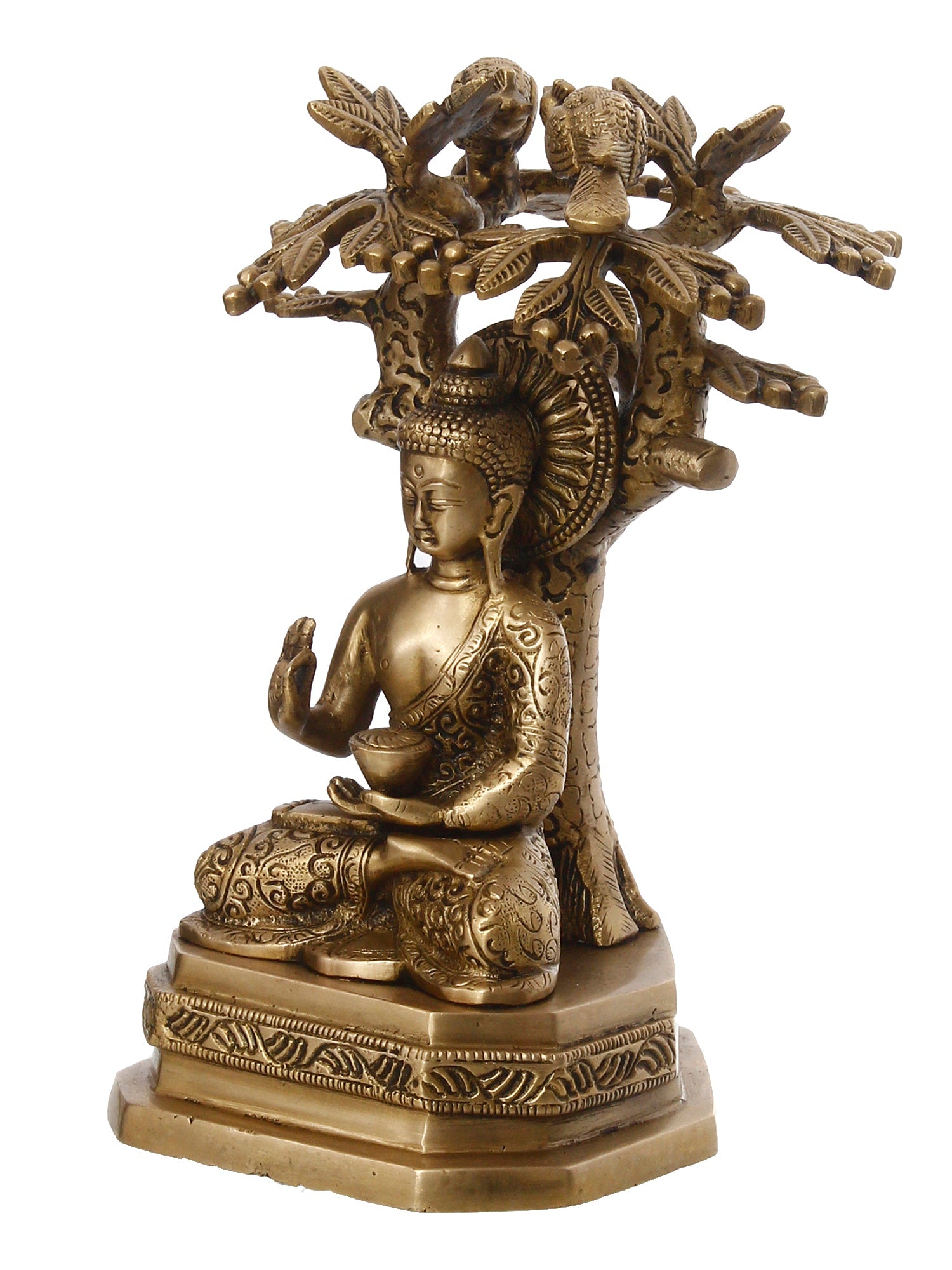 Golden Brass Ethnic Carved Blessing Lord Buddha Meditating Under Tree Showpiece Kafalo