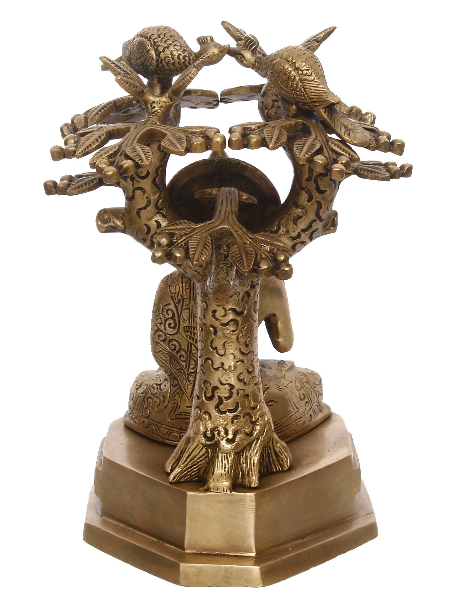 Golden Brass Ethnic Carved Blessing Lord Buddha Meditating Under Tree Showpiece Kafalo