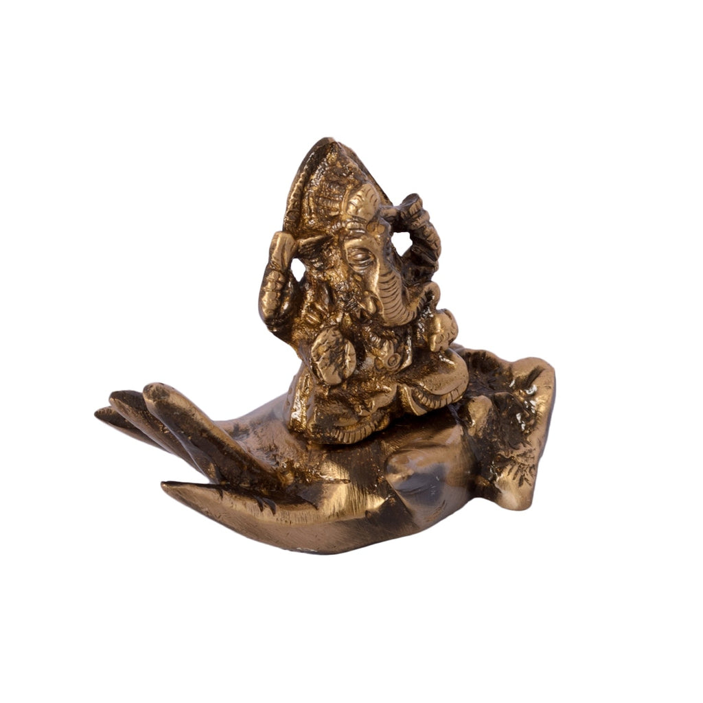 Golden Brass Lord Ganesha Idol On Palm Kafalo