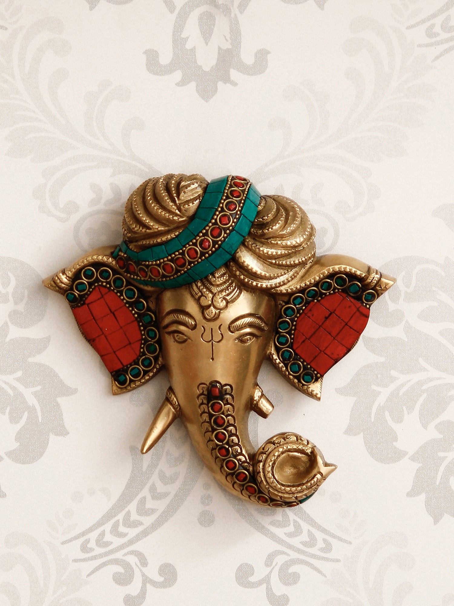Golden Brass Handcrafted Colorful Stone Work Phagdi Lord Ganesha Face Wall Hanging Kafalo