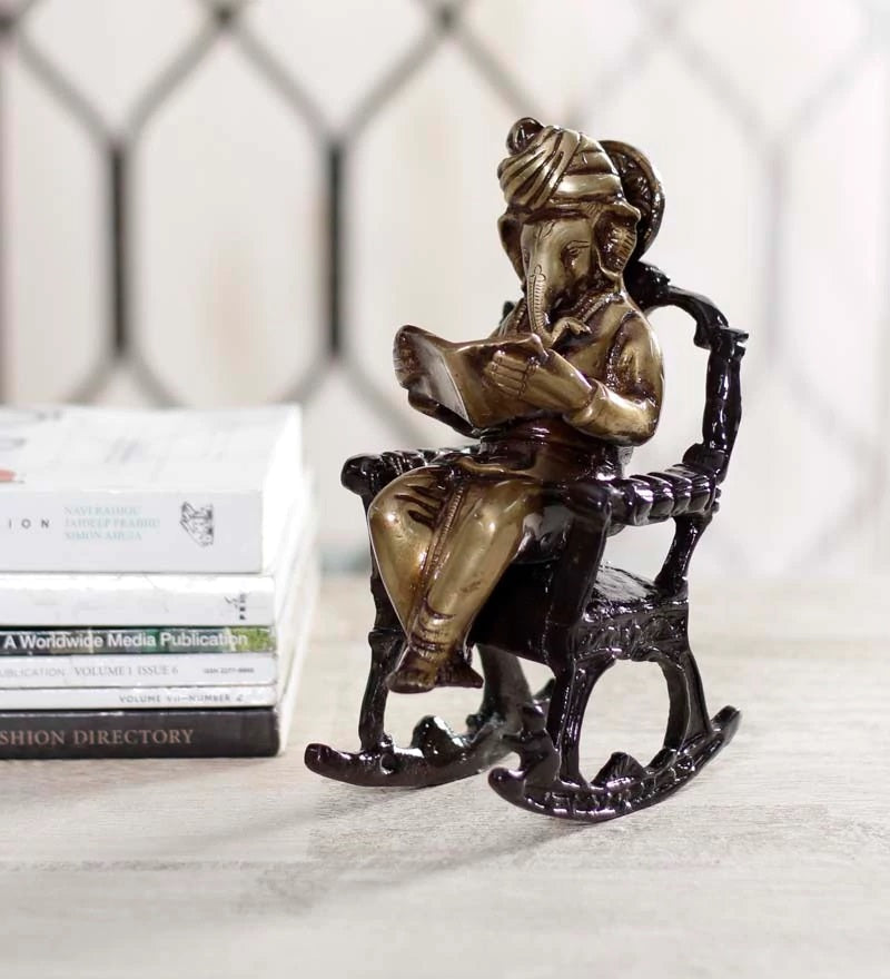 Brown Brass Lord Ganesha Idol On Rocking Chair Showpiece Kafalo