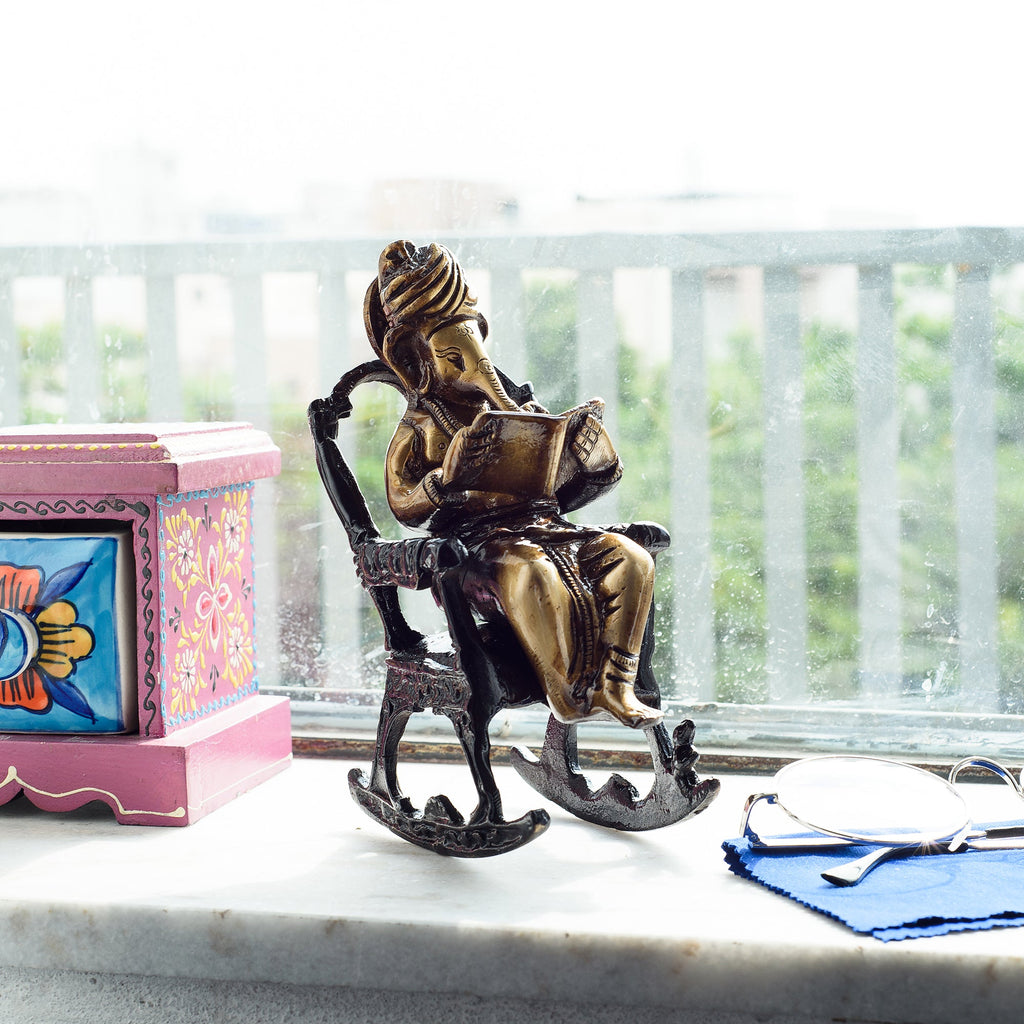Brown Brass Lord Ganesha Idol On Rocking Chair Showpiece Kafalo