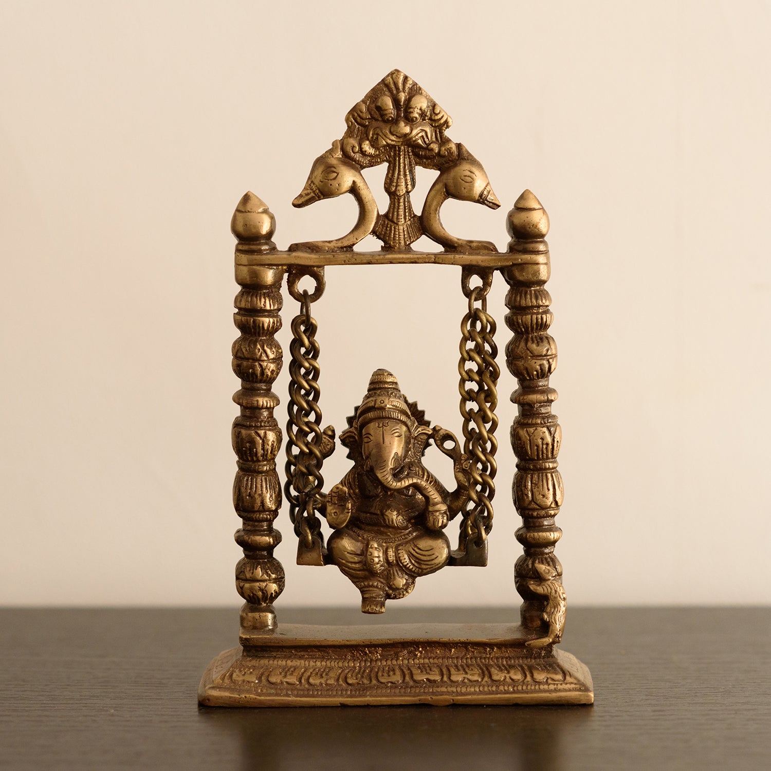 Gold Brass Lord Ganesha on Peacock Swing (Jhoola) Kafalo