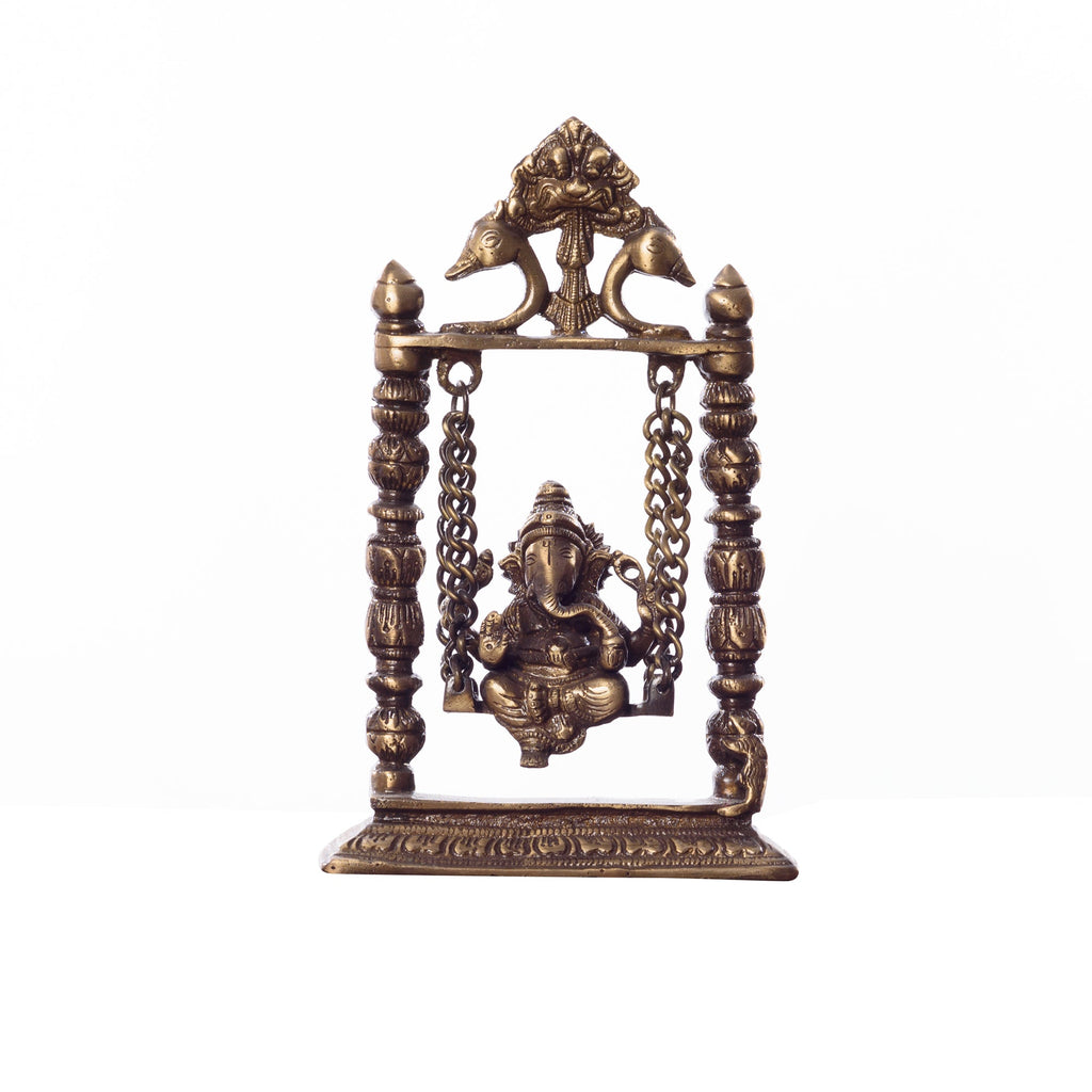 Gold Brass Lord Ganesha on Peacock Swing (Jhoola) Kafalo