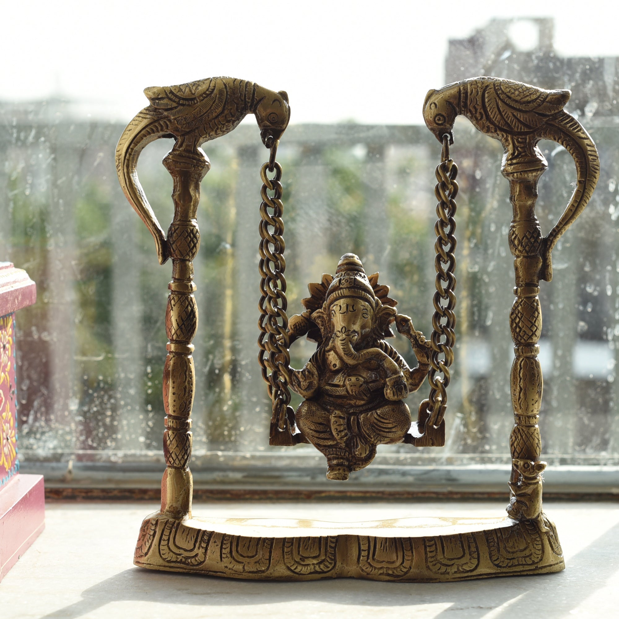 Gold Brass Lord Ganesha on parrot Swing (Jhoola) Kafalo
