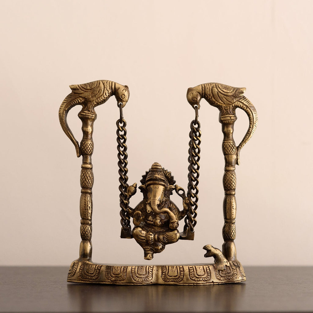Gold Brass Lord Ganesha on parrot Swing (Jhoola) Kafalo