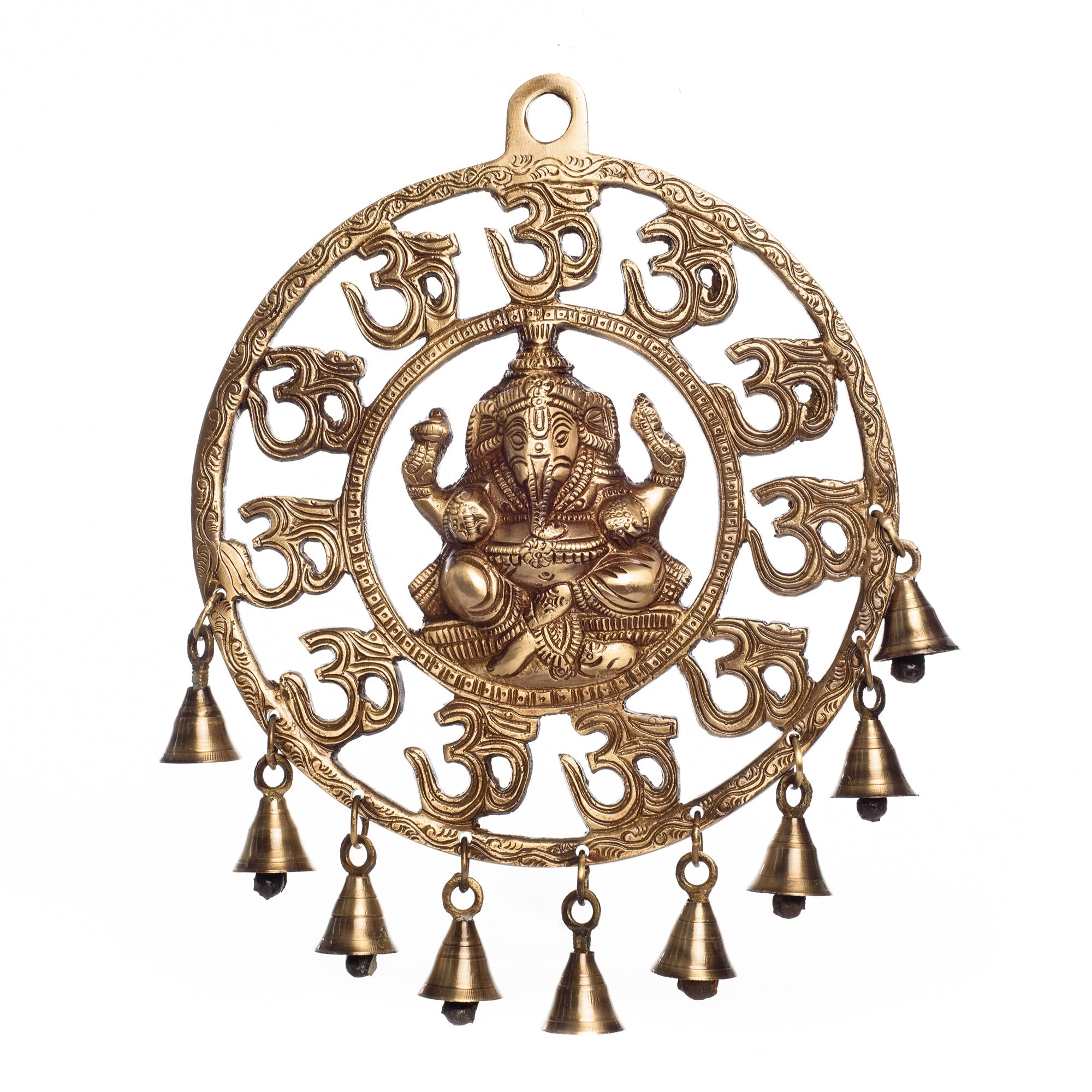 Brown Brass Om Ganesha Wall Hanging With Bells Kafalo