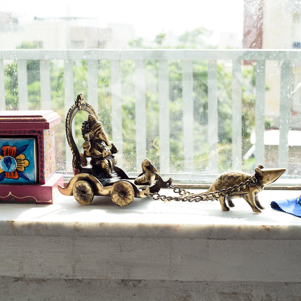 Brown Brass Lord Ganesha Savari On Rat Showpiece Kafalo