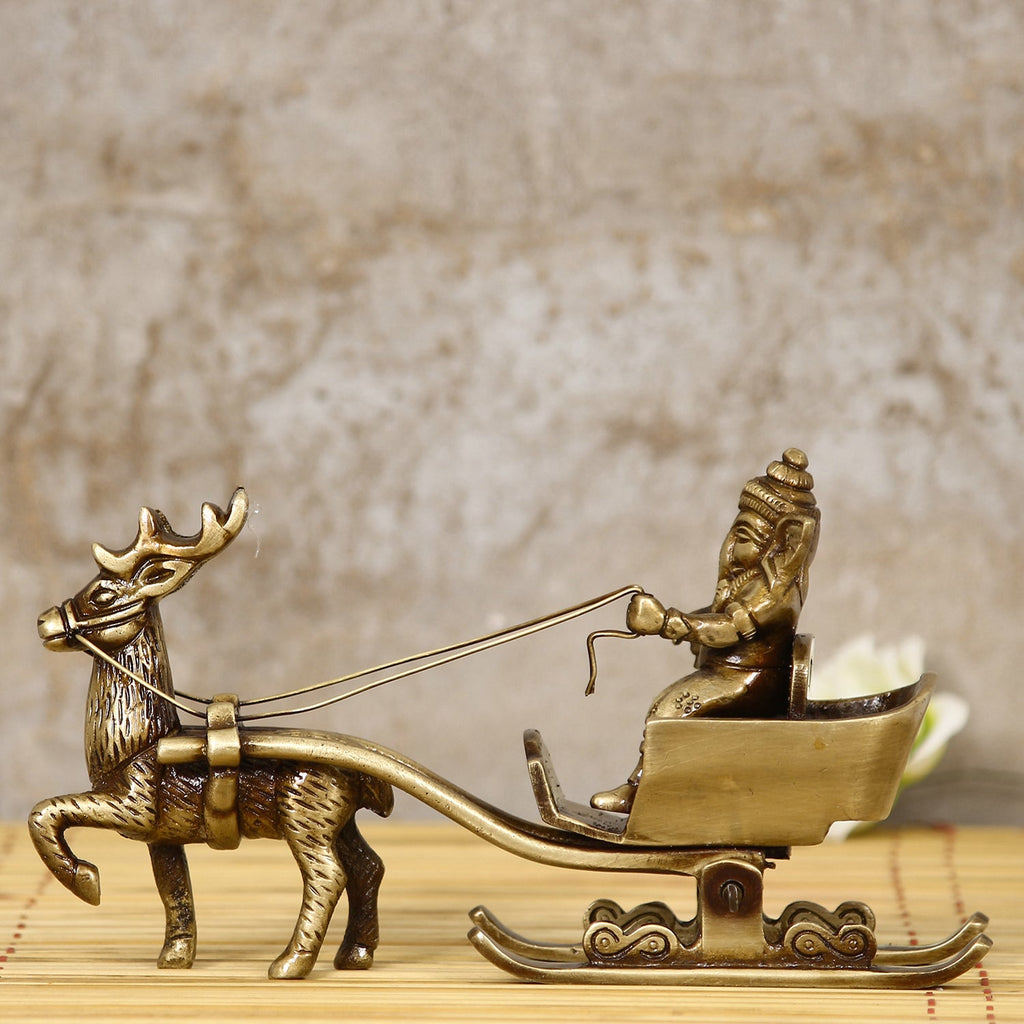 Gold Brass Ganesha Enjoying Ride With Deer Cart Decorative Showpiece Kafalo