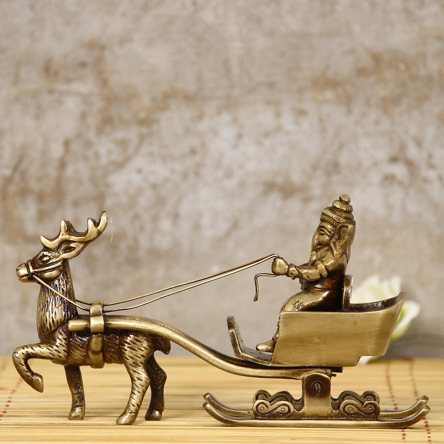 Gold Brass Ganesha Enjoying Ride With Deer Cart Decorative Showpiece Kafalo