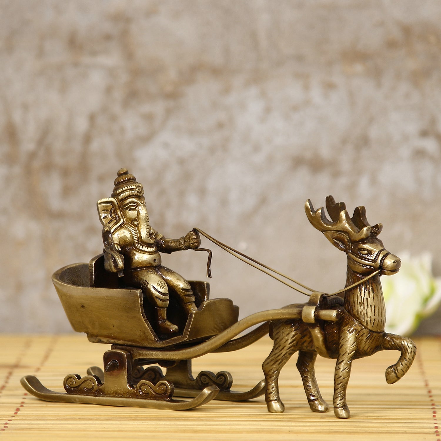 Gold Brass Ganesha Enjoying Ride With Deer Cart Decorative Showpiece Kafalo