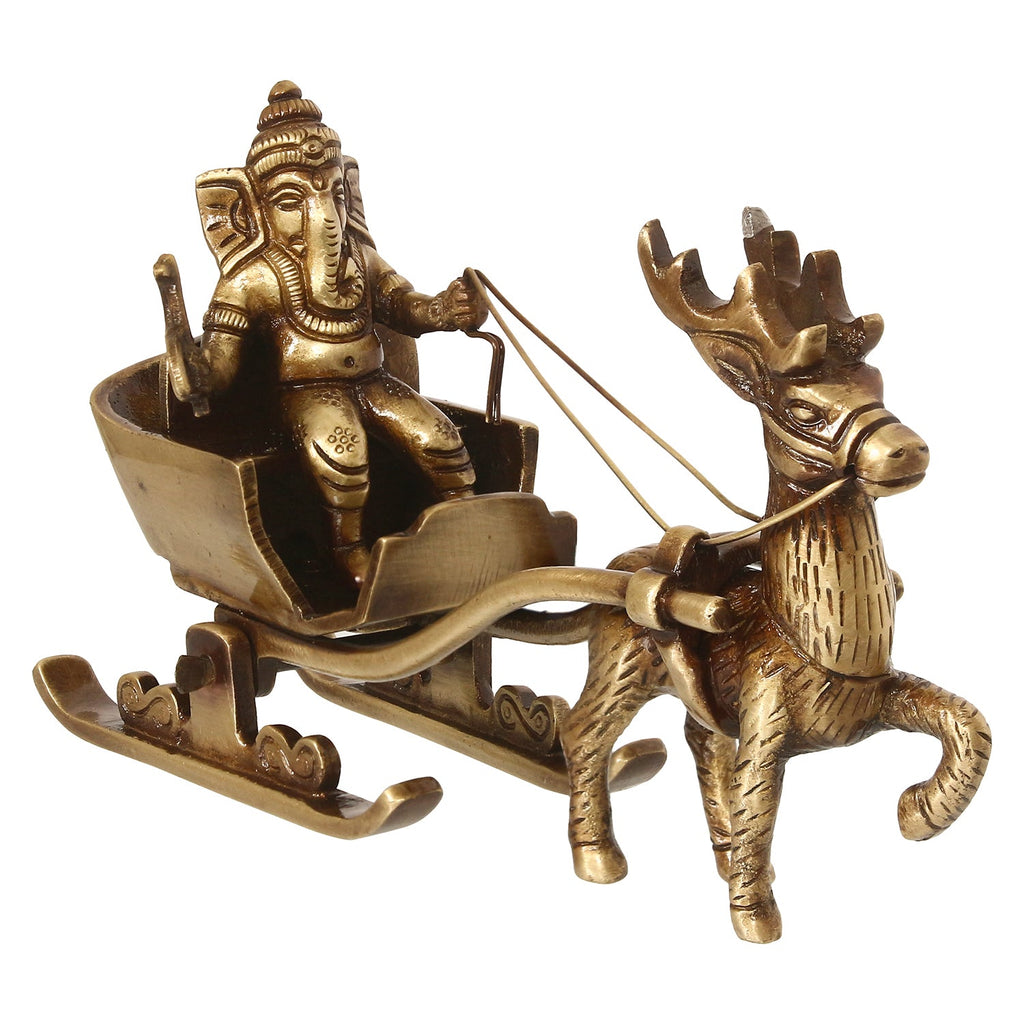 Gold Brass Ganesha Enjoying Ride With Deer Cart Decorative Showpiece Kafalo