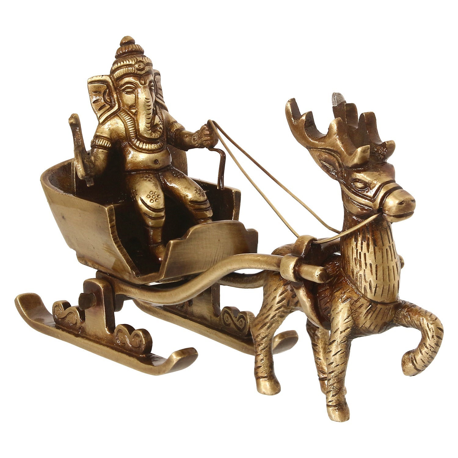 Gold Brass Ganesha Enjoying Ride With Deer Cart Decorative Showpiece Kafalo