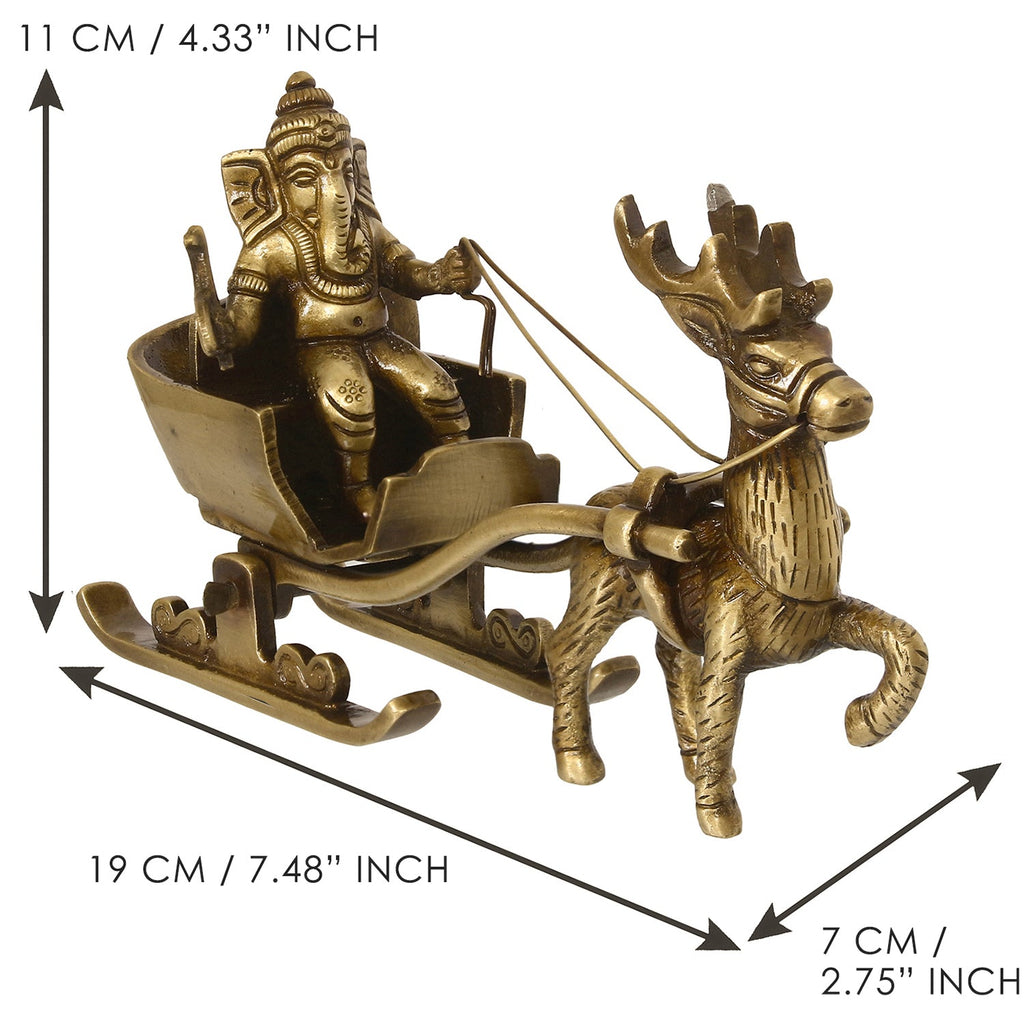Gold Brass Ganesha Enjoying Ride With Deer Cart Decorative Showpiece Kafalo