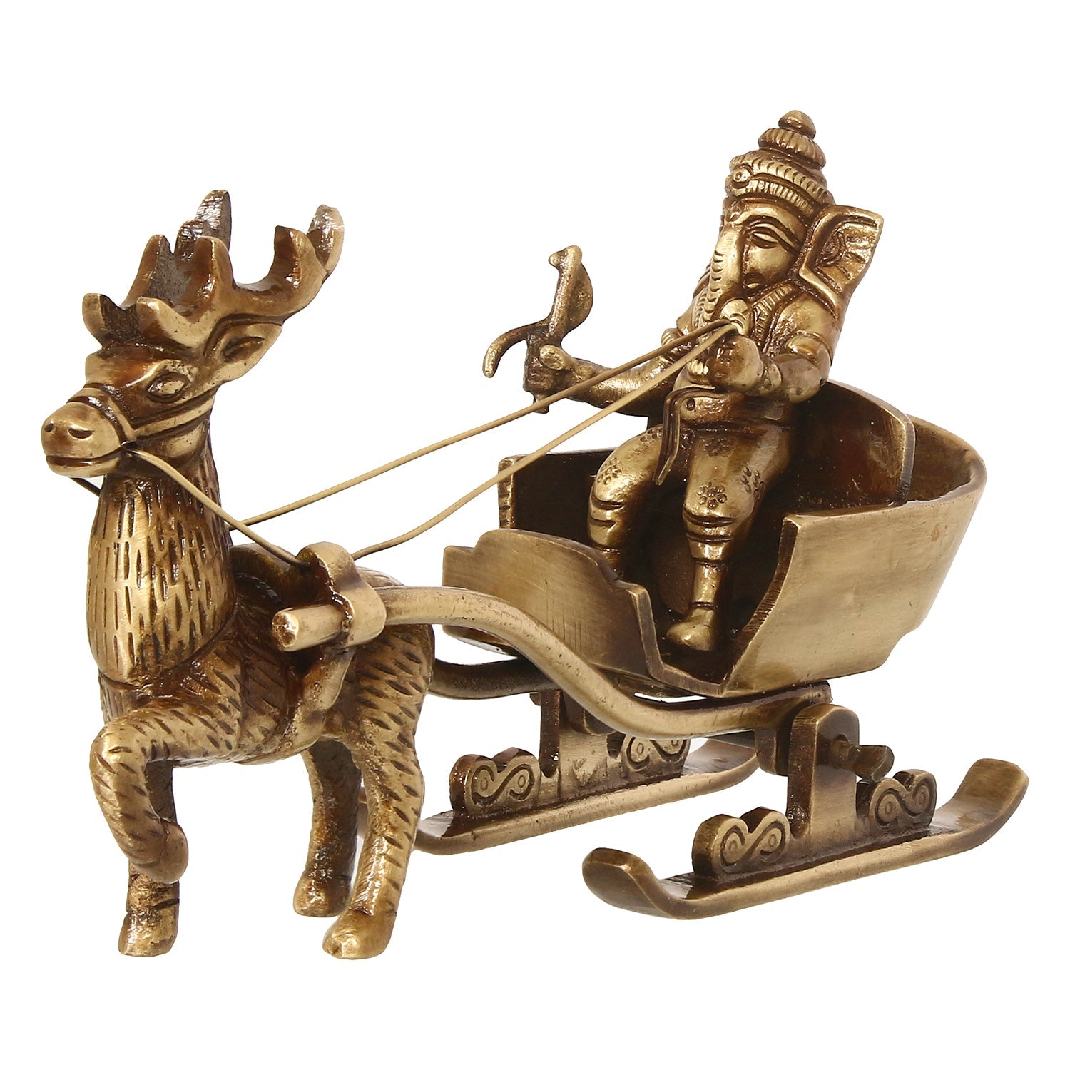 Gold Brass Ganesha Enjoying Ride With Deer Cart Decorative Showpiece Kafalo