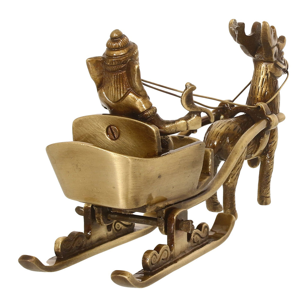 Gold Brass Ganesha Enjoying Ride With Deer Cart Decorative Showpiece Kafalo
