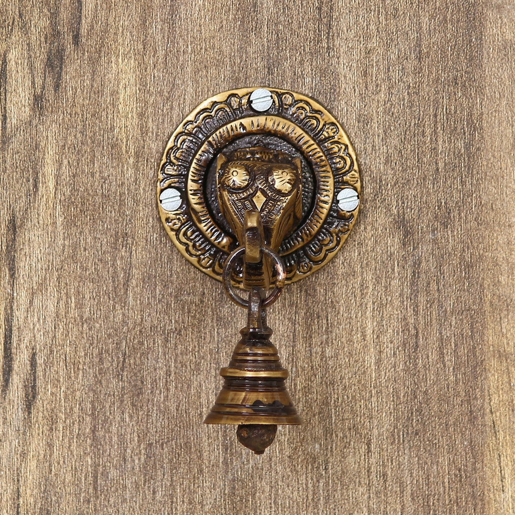 Brown Brass Elephant Face wall Hanging with Bell Decorative Showpiece Kafalo