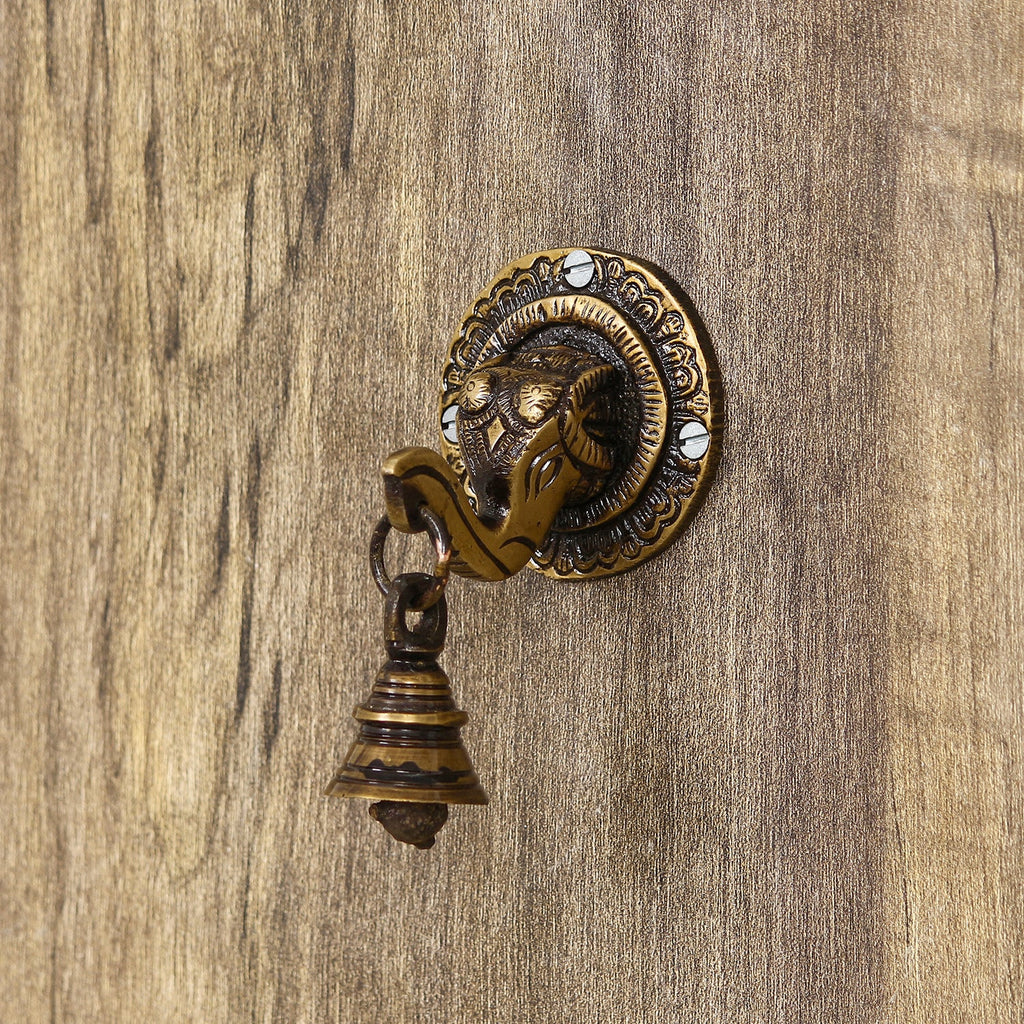 Brown Brass Elephant Face wall Hanging with Bell Decorative Showpiece Kafalo