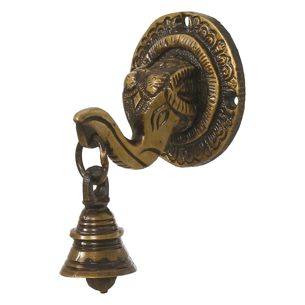 Brown Brass Elephant Face wall Hanging with Bell Decorative Showpiece Kafalo